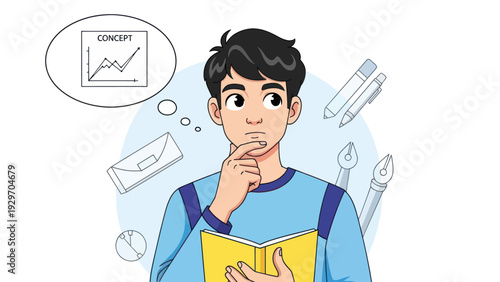 Young man pondering concept with thought bubble and business related objects