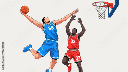 Basketball players in action dunking a ball towards the hoop vector illustration
