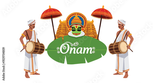 Illustration of two traditional Indian drummers with a temple and Onam festival logo on a white background with vibrant colors.