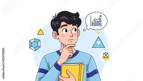 Young man contemplating future plans with thought bubble and geometric shapes