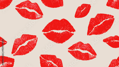 Red lipstick kiss marks covering a cream textured paper surface, creating a playful pattern. Red lipstick kiss marks seamless pattern on textured paper