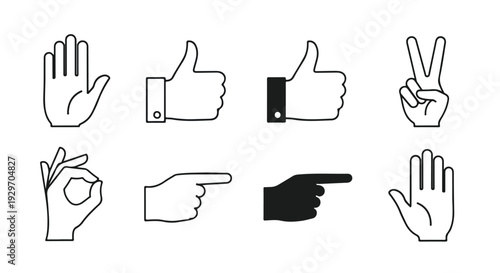 A set of eight hand gesture icons in black and white line art on a white background, including thumbs up, peace sign, and pointing gestures.