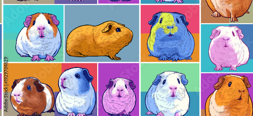 Nine cute guinea pigs in a colorful pop art distinct grid pattern. Pop art guinea pig distinct pet portraits grid