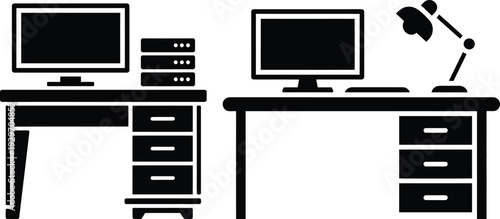 Two desks with computers and office supplies in a modern workspace setup.