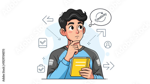 Young man pondering creative ideas with thought bubble and arrows