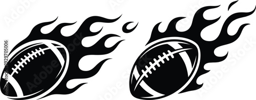 Two flaming footballs with laces facing each other on a white background