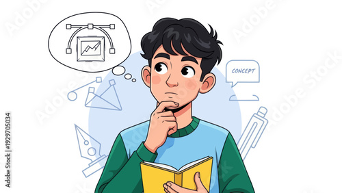 Young man contemplating ideas vector illustration design thinking concept