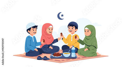 Illustration of a Muslim family breaking their fast together on a colorful mat with traditional food and drinks during Ramadan.