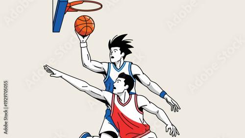 Basketball players in action dunking a ball with effort and determination