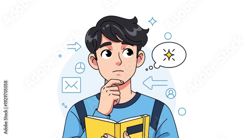 Young man contemplating ideas while holding a book with thought bubble concept