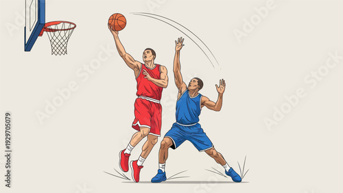 Basketball players in action dunking a ball with focused competition