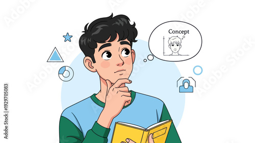 Young man contemplating ideas while holding a book with thought bubble concept