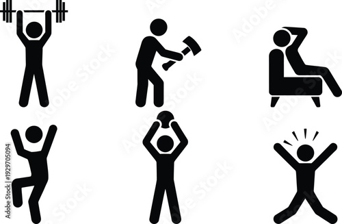Six different types of exercises demonstrated by stick figures