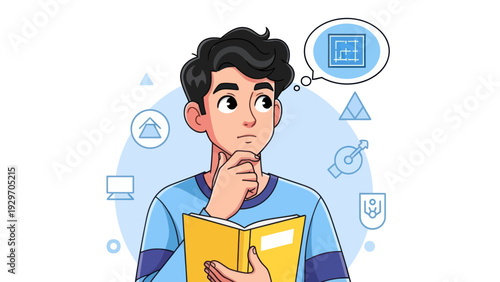 Young man pondering design concepts holding a book with thought bubble