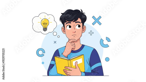 Young man contemplating ideas while reading a book with lightbulb thought