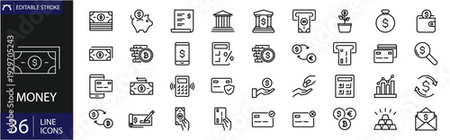 Money icons set. Includes symbols of coins, banknotes, wallets, savings, currency exchange, and financial transactions. Editable stroke. Vector illustration. Outline icons. Perfect for finance, bankin