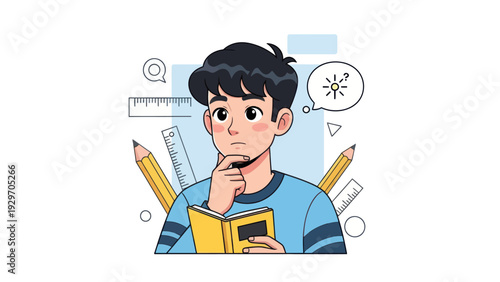 Young man contemplating ideas with books pencils and rulers on white background