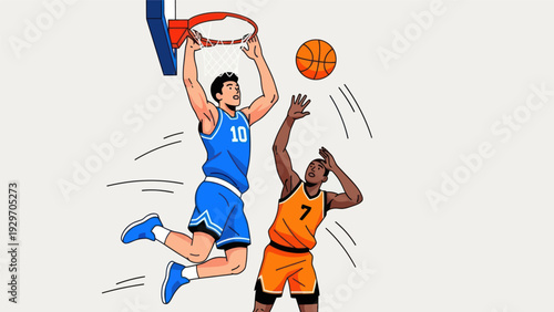 Basketball players in action dunking and attempting a block shot