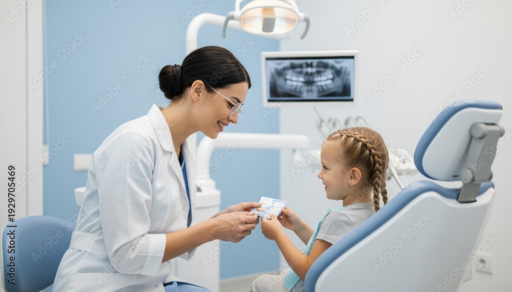 Fototapeta premium Female pediatric dentist giving reward to happy young patient in clinic