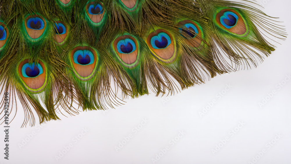 Fototapeta premium Border of Elegant Peacock Feathers with Iridescent Eye Patterns on White Background