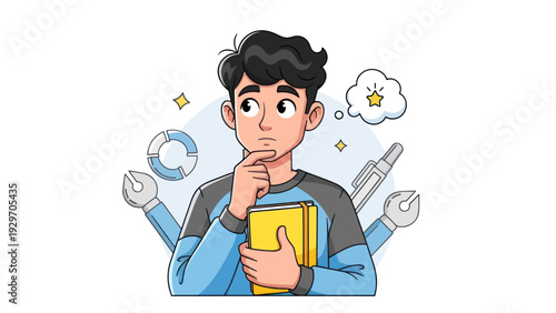 Young man contemplating ideas with thought bubble and tools illustration