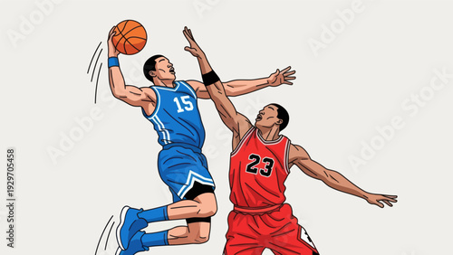 Basketball players in action dunking and blocking digitally illustrated