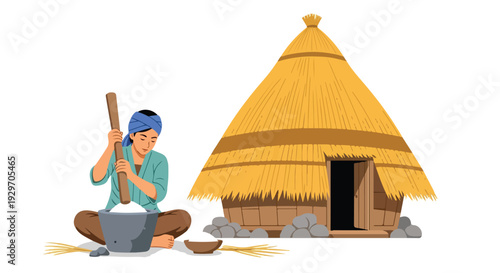 Illustration of a man grinding grain with a mortar and pestle outside a traditional thatched hut with a conical roof.