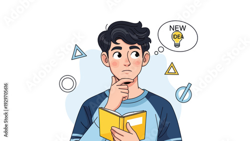 Young man contemplating new idea illustrated with thought bubble