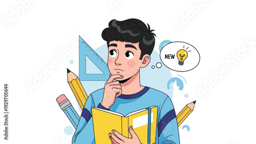 Young man contemplating new idea with book and lightbulb illustration