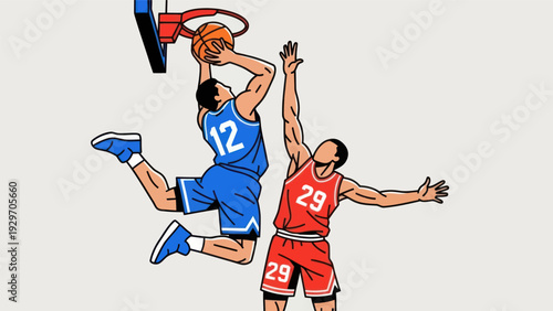 Basketball players in action dunking and blocking illustrated