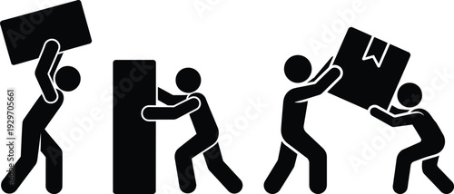 Three people working together to move a large rectangular object through a narrow doorway