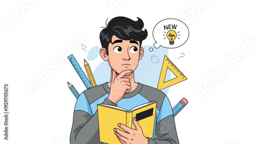 Young man contemplating new idea with book and school supplies isolated