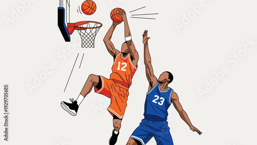 Basketball players in action dunking and blocking in a dynamic illustration