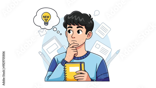 Young man contemplating new idea with lightbulb concept illustration