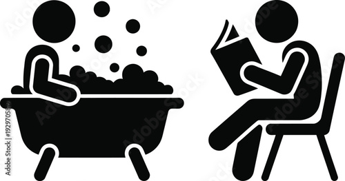 A person relaxing in a bathtub and another person reading a book in a chair