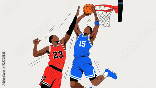 Basketball players in action dunking and blocking in colorful graphic illustration