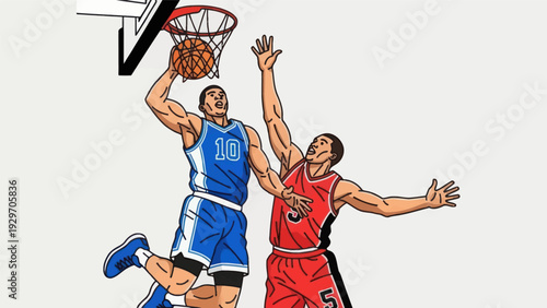Basketball players in action dunking and blocking in athletic competition