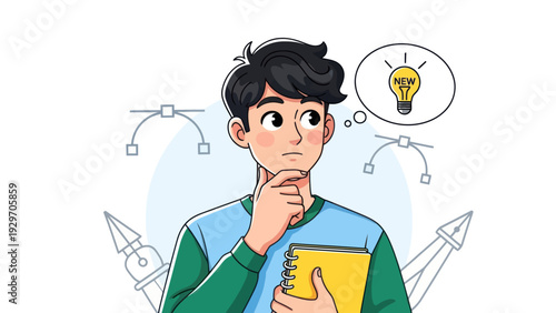 Young man contemplating new idea with lightbulb concept illustration