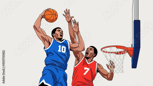 Basketball players in action dunking and blocking in energetic illustration
