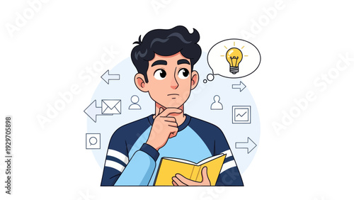 Young man contemplating new ideas with thought bubble concept illustration