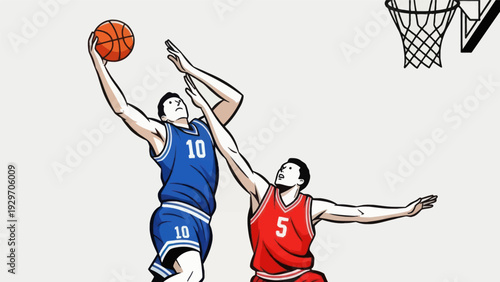 Basketball players in action dunking and blocking vector illustration