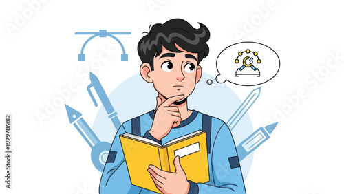 Young man contemplating vector design with notebook and creative tools