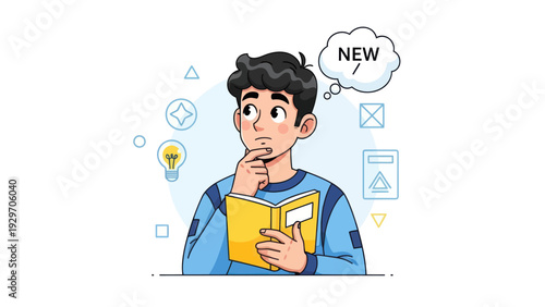 Young man contemplating with a book and thought bubble illustration