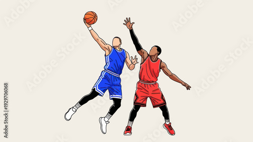 Basketball players in action dunking and blocking vector illustration