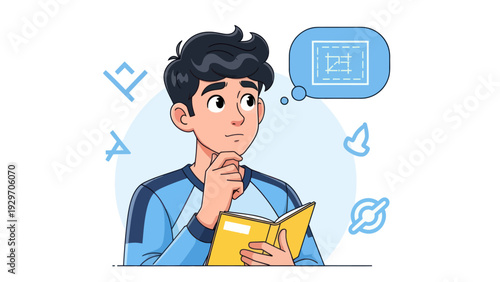 Young man contemplating with a book and thought bubble illustration