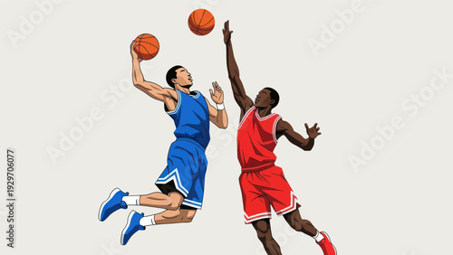 Basketball players in action dunking and blocking vector illustration