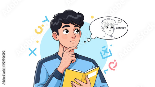 Young man contemplating with a thought bubble and book concept illustration