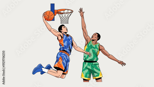 Basketball players in action dunking and defending against a white background
