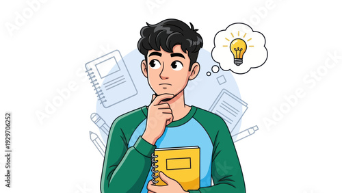 Young man contemplating with a thought bubble displaying a lightbulb concept