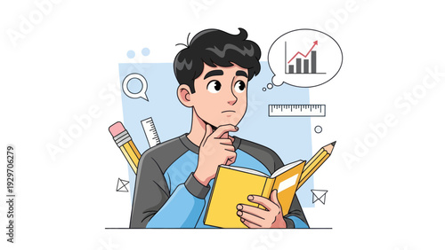 Young man contemplating with book and chart graphic concept illustration